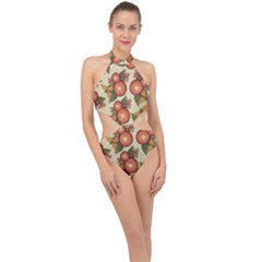 Flowers Leaves Pattern Flora Botany Drawing Art Halter Side Cut Swimsuit by Ravend