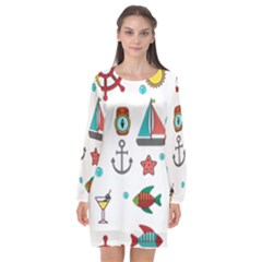 Marine Nautical Seamless Pattern Art Long Sleeve Chiffon Shift Dress  by Jancukart