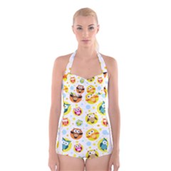 Owl Bird Cartoon Boyleg Halter Swimsuit  by Jancukart