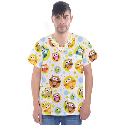 Owl Bird Cartoon Men s V-neck Scrub Top by Jancukart