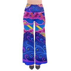 Psychedelic Colorful Lines Nature Mountain Trees Snowy Peak Moon Sun Rays Hill Road Artwork Stars Sk So Vintage Palazzo Pants by Jancukart