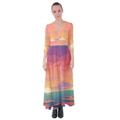 Sunset Ocean Beach Water Tropical Island Vacation 4 Button Up Maxi Dress by Pakemis