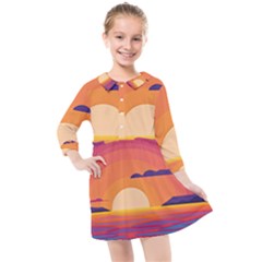 Sunset Ocean Beach Water Tropical Island Vacation Landscape Kids  Quarter Sleeve Shirt Dress by Pakemis