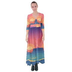 Sunset Ocean Beach Water Tropical Island Vacation 2 Button Up Maxi Dress by Pakemis