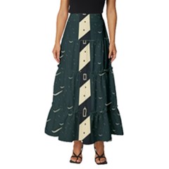 Lighthouse Abstract Ocean Sea Waves Water Blue Tiered Ruffle Maxi Skirt by Pakemis