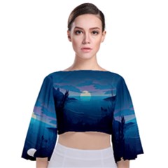 Ai Generated Ocean Sea Water Anime Nautical 2 Tie Back Butterfly Sleeve Chiffon Top by Pakemis