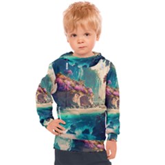 Tropical Island Fantasy Landscape Palm Trees Ocean Kids  Hooded Pullover by Pakemis