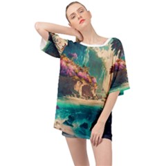 Tropical Island Fantasy Landscape Palm Trees Ocean Oversized Chiffon Top by Pakemis