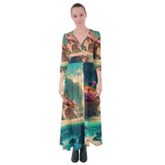 Tropical Island Fantasy Landscape Palm Trees Ocean Button Up Maxi Dress by Pakemis