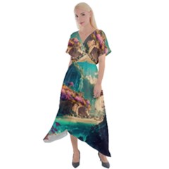 Tropical Island Fantasy Landscape Palm Trees Ocean Cross Front Sharkbite Hem Maxi Dress by Pakemis