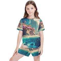 Tropical Island Fantasy Landscape Palm Trees Ocean Kids  Tee And Sports Shorts Set by Pakemis