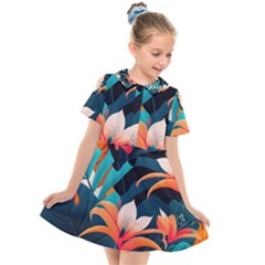 Tropical Flowers Floral Floral Pattern Patterns Kids  Short Sleeve Shirt Dress by Pakemis