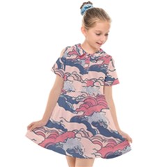 Waves Ocean Sea Water Pattern Rough Seas Kids  Short Sleeve Shirt Dress by Pakemis