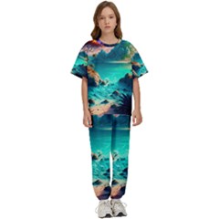 Tropical Paradise Beach Ocean Shore Sea Fantasy Kids  Tee And Pants Sports Set by Pakemis