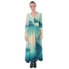 Ai Generated River Forest Woods Outdoors Button Up Maxi Dress by Pakemis