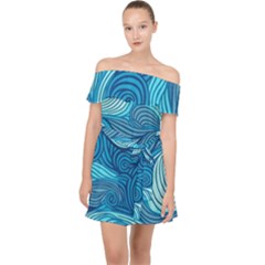 Ocean Waves Sea Abstract Pattern Water Blue Off Shoulder Chiffon Dress by Pakemis