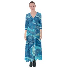 Ocean Waves Sea Abstract Pattern Water Blue Button Up Maxi Dress by Pakemis