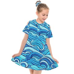 Pattern Ocean Waves Blue Nature Sea Abstract Kids  Short Sleeve Shirt Dress by Pakemis