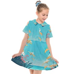 Beach Ocean Flowers Floral Plants Vacation Kids  Short Sleeve Shirt Dress by Pakemis