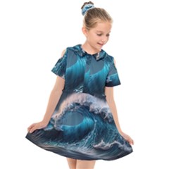 Tsunami Waves Ocean Sea Water Rough Seas 2 Kids  Short Sleeve Shirt Dress by Pakemis