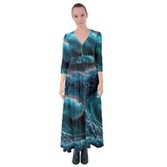 Tsunami Waves Ocean Sea Water Rough Seas 3 Button Up Maxi Dress by Pakemis