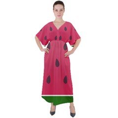 Watermelon Fruit Summer Red Fresh Food Healthy V-neck Boho Style Maxi Dress by Wegoenart