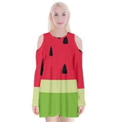 Watermelon Fruit Food Healthy Vitamins Nutrition Velvet Long Sleeve Shoulder Cutout Dress by Wegoenart