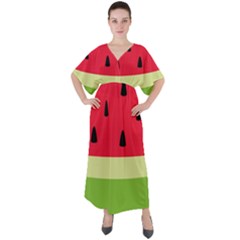 Watermelon Fruit Food Healthy Vitamins Nutrition V-neck Boho Style Maxi Dress by Wegoenart