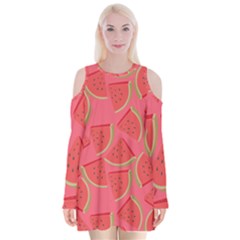 Watermelon Background Watermelon Wallpaper Velvet Long Sleeve Shoulder Cutout Dress by Wegoenart