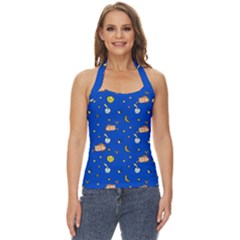 Cat Animals Sleep Stars Seamless Background Basic Halter Top by Wegoenart