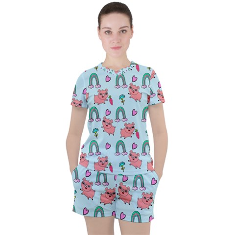 Pigs Pattern Art Design Drawing Sketch Wallpaper Women s Tee And Shorts Set by Wegoenart