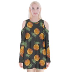 Pineapple Background Pineapple Pattern Velvet Long Sleeve Shoulder Cutout Dress by Wegoenart