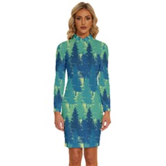 Christmas Trees Pattern Digital Paper Seamless Long Sleeve Shirt Collar Bodycon Dress by Wegoenart