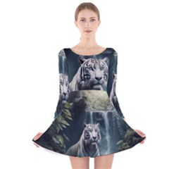 Tiger White Tiger Nature Forest Long Sleeve Velvet Skater Dress by Jancukart