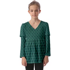 Green Pattern Kids  V Neck Casual Top by Sparkle