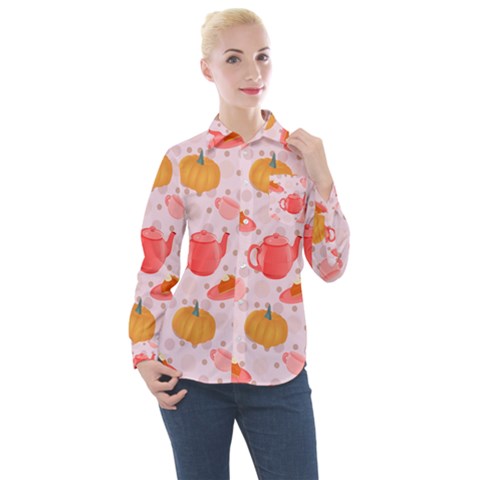 Pumpkin Tea Cup Pie Dessert Women s Long Sleeve Pocket Shirt by Semog4