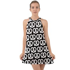 Black And White Pretzel Illustrations Pattern Halter Tie Back Chiffon Dress by GardenOfOphir