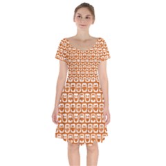 Orange And White Owl Pattern Short Sleeve Bardot Dress by GardenOfOphir