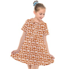 Orange And White Owl Pattern Kids  Short Sleeve Shirt Dress by GardenOfOphir