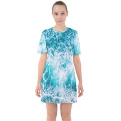 Tropical Blue Ocean Wave Sixties Short Sleeve Mini Dress by Jack14