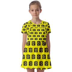 Modern Chic Vector Camera Illustration Pattern Kids  Short Sleeve Pinafore Style Dress by GardenOfOphir