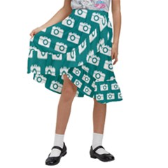 Modern Chic Vector Camera Illustration Pattern Kids  Ruffle Flared Wrap Midi Skirt by GardenOfOphir