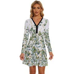 Gold And Green Eucalyptus Leaves Long Sleeve Deep V Mini Dress  by Jack14