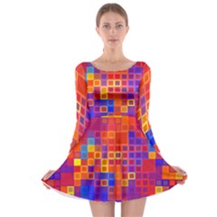 Squares Geometric Colorful Fluorescent Long Sleeve Skater Dress by Jancukart