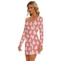 Coral And White Lady Bug Pattern Long Sleeve Square Neck Bodycon Velvet Dress View2