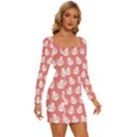 Coral And White Lady Bug Pattern Long Sleeve Square Neck Bodycon Velvet Dress View3