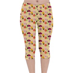 Colorful Ladybug Bess And Flowers Pattern Velvet Capri Leggings  by GardenOfOphir