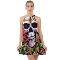 Sugar Skull With Flowers - Day Of The Dead Halter Tie Back Chiffon Dress by GardenOfOphir