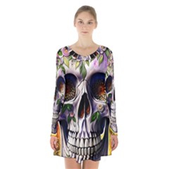 Cute Sugar Skull With Flowers - Day Of The Dead Long Sleeve Velvet V-neck Dress by GardenOfOphir