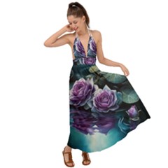 Roses Water Lilies Watercolor Backless Maxi Beach Dress by Ravend